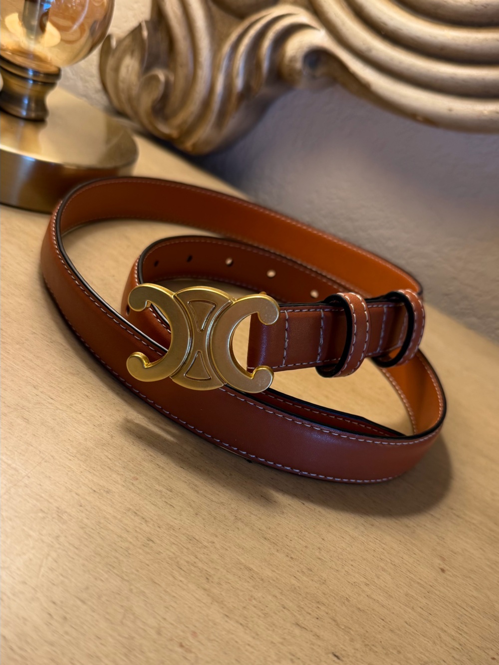 Commense Cognac Leather Belt with Gold Double-Crescent Buckle